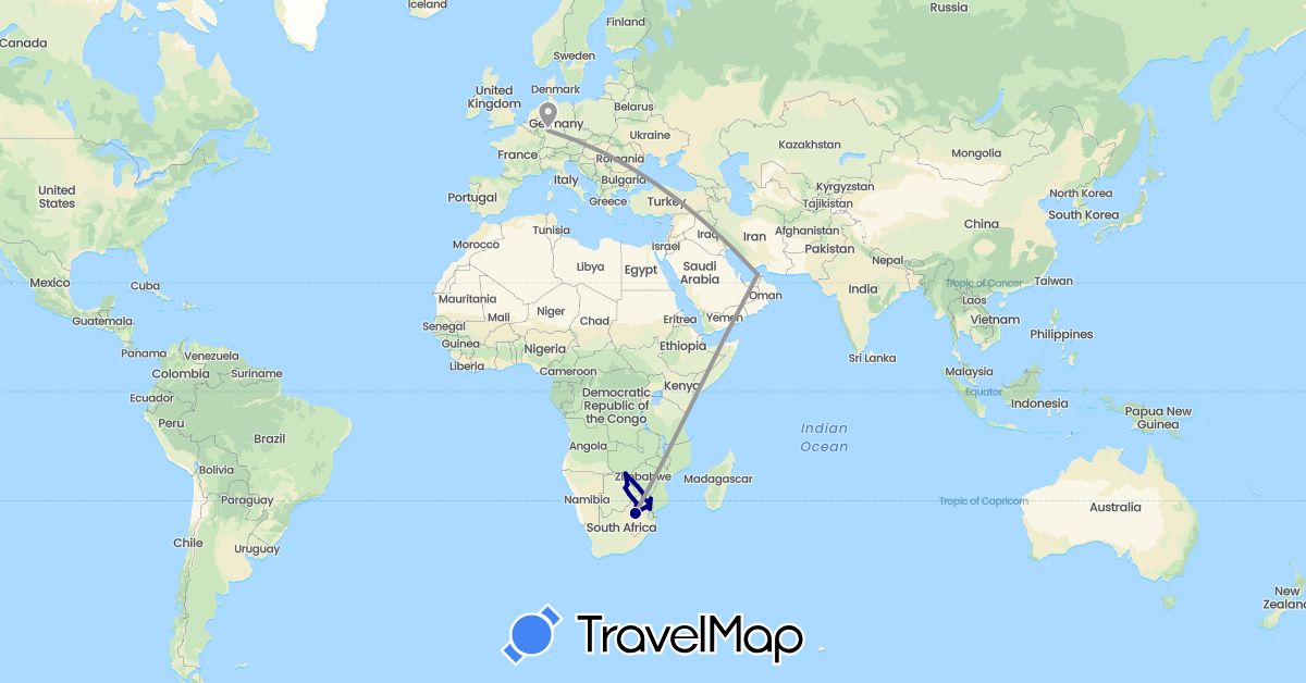 TravelMap itinerary: driving, plane in United Arab Emirates, Botswana, Germany, South Africa, Zambia, Zimbabwe (Africa, Asia, Europe)